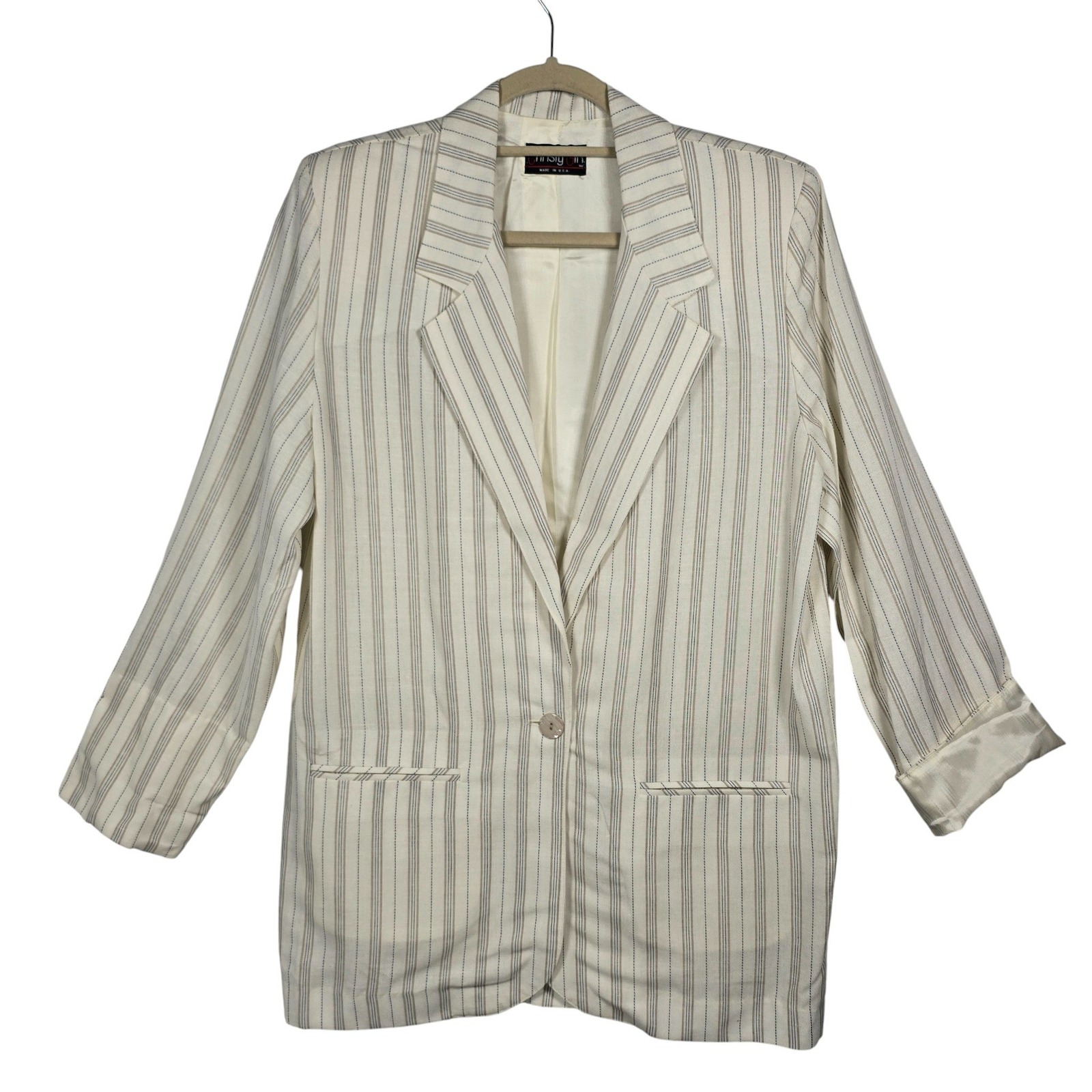 Vtg Christy Girl Blazer Women Size 8 Cream Stripe Button Front Made In Usa Nwt